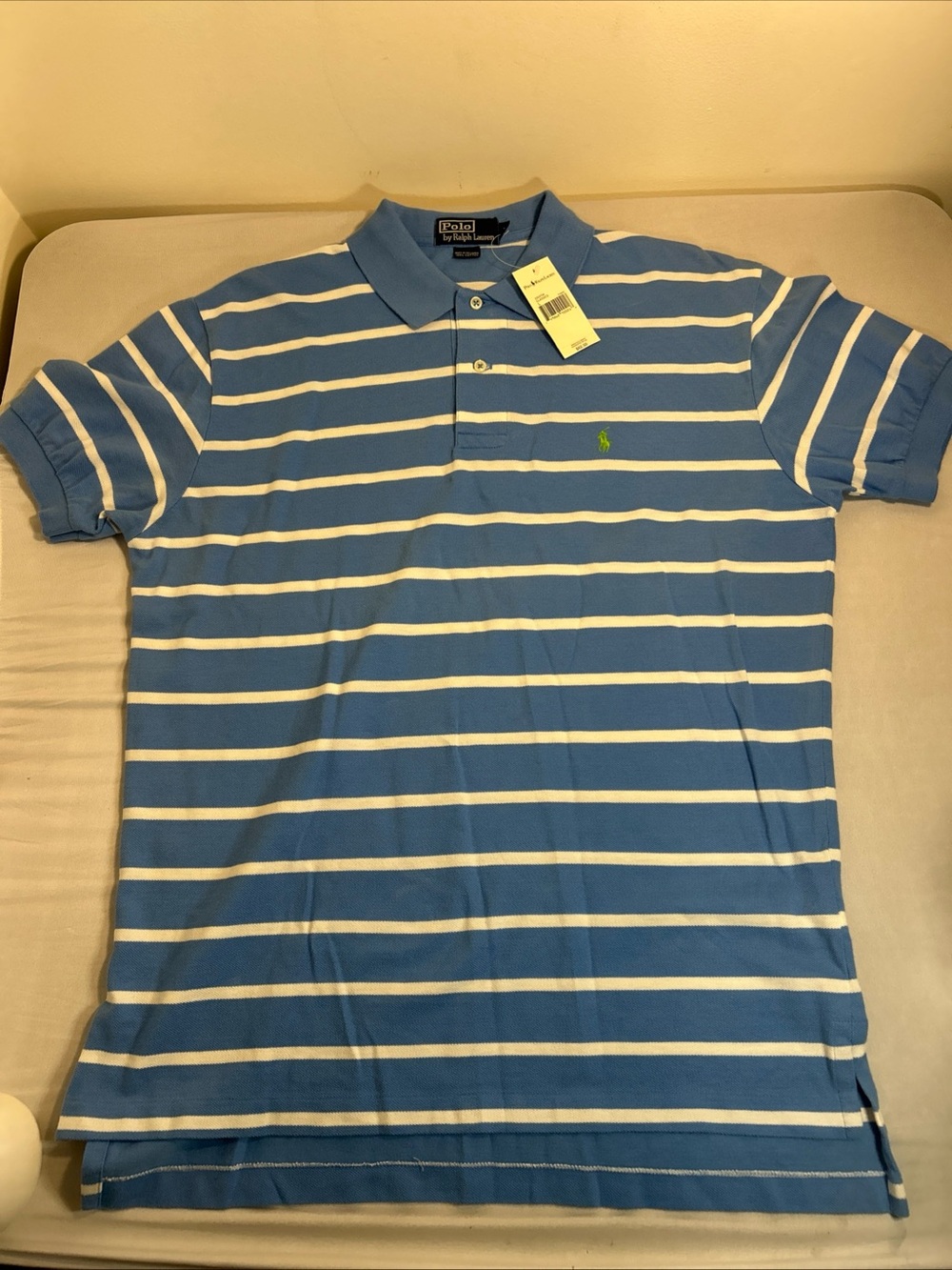 Ralph Lauren Blue and White Striped Polo with Green Pony